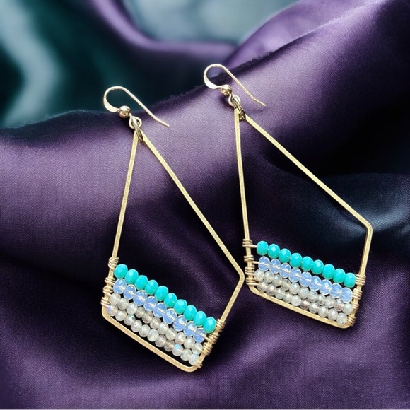 Genuine Labradorite Opalite Geometric Earrings - Picture 3 of 4